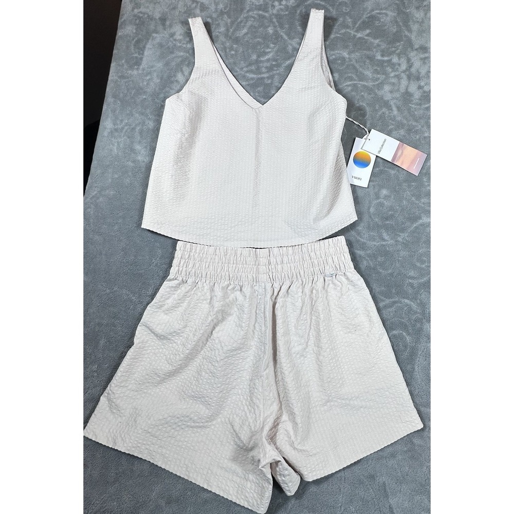 VUORI Villa Textured Short + Crop Tank Set Milkweed Neutral Small 4 Way Stretch